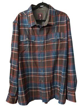 Swiss Tech Long Sleeve Button-Down Shirt Plaid Brown Blue White Size 3X